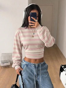 Coolane 女款條紋收腰圓領休閒極簡運動風街頭穿搭百搭派對機場造型Y2K上衣，學院風，女款外出穿著，女款春秋穿著 - 白色 - 查看 3