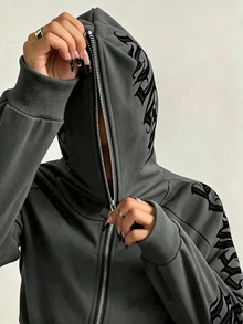 StreetHx 女款秋冬街頭風哥德字體短版前開襟運動衫 - 深灰色 - 查看 3