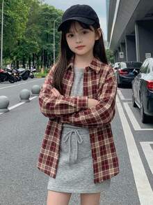DAZY Tween Girl) Casual Long Sleeve Plaid Shirt With Collar, Basic Autumn Outerwear - Burgundy - View 7