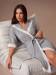 Lazeform Women's Gray Casual Loose Hooded Waffle Knit Lace Trim Short Robe - رمادي - مشاهدة 5