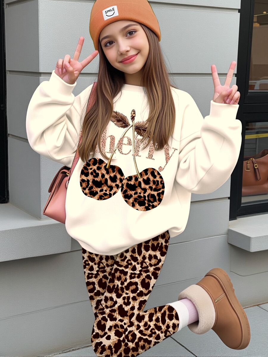 Tween女孩休閒可愛豹紋與櫻桃圖案,美式復古風,美拉德色,圓領休閒落肩衛衣與修身打底褲2件套,日常穿著,舒適秋冬款式,秋季新款,聖誕 - 白色 - 查看 1