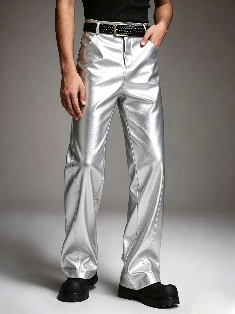 STYNVO Men's PU Leather Patchwork Fashion Long Pants - Silver - View 1