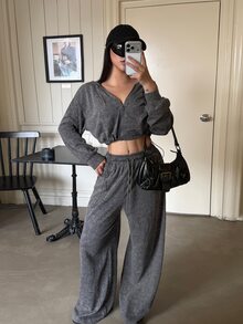 DAZY Women's 2pcs Set Gray Short Zip-Up Hoodie With Drawstring And Wide Leg Long Pants, Washed Distressed Street Casual Sportswear, Autumn/Winter - Grey - View 1