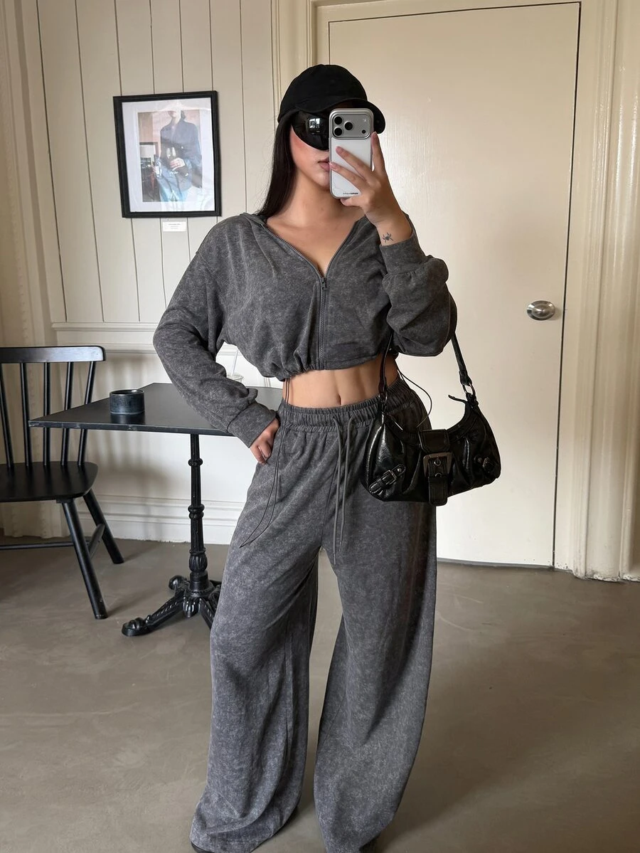 DAZY Women's 2pcs Set Gray Short Zip-Up Hoodie With Drawstring And Wide Leg Long Pants, Washed Distressed Street Casual Sportswear, Autumn/Winter - Grey - View 1