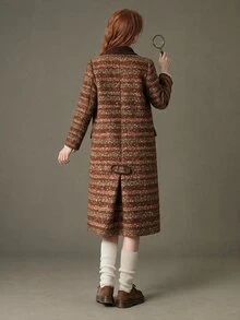 Elnivra Women's Striped Long Sleeve Lapel Long Vintage Overcoat - Brown - View 2