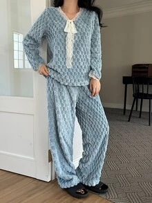 DAZY Women's Comfortable Lace Patchwork Long Sleeve Top And Soft Knit Long Pants Pajama Set - Blue - View 10