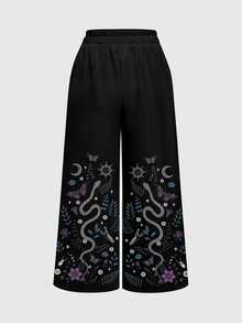 ROMWE Grunge Punk Women's Butterfly Snake Pattern Casual Daily Wide Leg Pants - Black - View 2