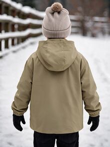 SHEIN 兒童青少年男孩休閒日常百搭舒適字母印花連帽寬鬆長袖輕量梭織派克大衣，適合秋冬春季、戶外玩耍、上學、街頭風、派對與居家休閒，高 CP 值 - 卡其色 - 查看 5