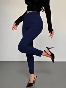 SHEIN PETITE Pantalones ajustados de cintura alta con detalle de hebilla metálica para mujer - Azul Marino - Ver 3