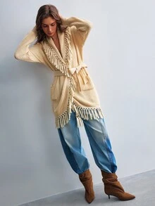 Willow Rêve Women's Beige Bohemian Tassel Knit Cardigan, Bohemian Style - Apricot - View 8