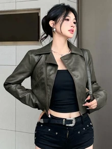 DAZY 秋冬橄欖綠街頭寬鬆休閒短版PU皮革機車夾克女款Y2K上衣 - 橄欖綠 - 查看 3
