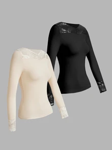SHEIN LUNE 2pcs Multi-Color Combination Women's Contrast Lace Long Sleeve T-Shirt - Multicolor - View 1