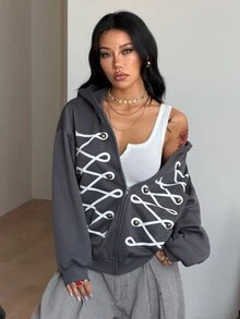 Coolane 女款秋冬休閒街頭風時尚復古圖案日常穿著學院風派對灰色寬鬆拉鍊保暖連帽衫秋季上衣 - 深灰色 - 查看 4