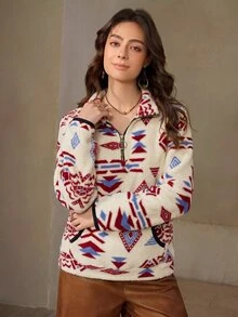 Wildy BOHO 西部風女款半拉鍊運動衫，長袖上衣，秋季休閒女裝，感恩節日常日穿米色 - 白色 - 查看 3