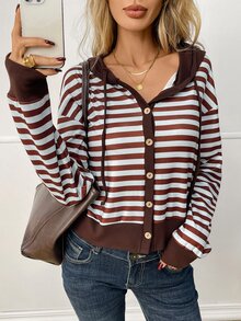Elyressa Ladies Cropped Striped Hoodie, Button Down Drawstring Hood Long Sleeve Color Block Casual Sweatshirt - Multicolor - View 6