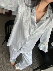 DAZY طقم بيجامة نسائي بأزرار وتصميم دانتيل مرقع مع بنطلون طويل - أخضر - مشاهدة 5