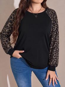 SHEIN LUNE Plus Size Women's Round Neck Patchwork Leopard Print Raglan Long Sleeve Knit T-Shirt - Multicolor - View 5