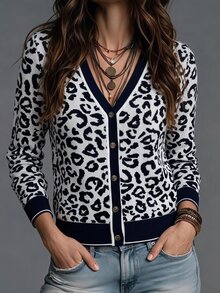 SHEIN Women's Leopard Print Casual Versatile Daily Wear Cardigan - Multicolor - View 6