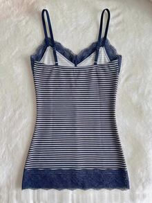 IslaSuriya Women's Fitted Lace Patchwork Striped Camisole Tank Top - Navy Blue - View 2