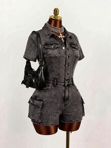 Mistrie Women's Short Sleeve Single-Breasted Cargo Pocket Casual Denim Romper - Grey - View 5