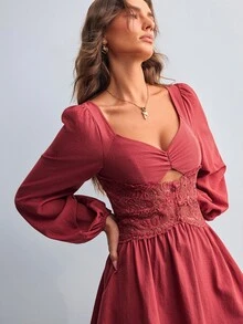 Willow Rêve Women's Red Lace Patchwork V-Neck Puff Long Sleeve Mini Dress - Red - View 4
