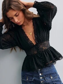 Willow Rêve Women's Lace Patchwork V-Neck Button-Down Black Blouse - Black - View 6