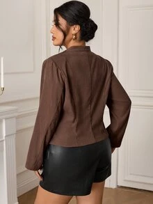 EastFlair Plus Size Women's Solid Color Casual Daily Long Sleeve Jacket - Brown - View 7