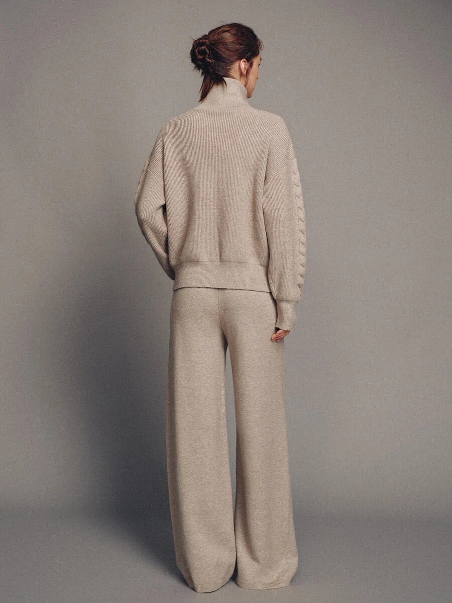MOTF PREMIUM Knitted Half-Zip Collared Top And Wide Leg Pants 2 Pieces Set - Camel - View 2