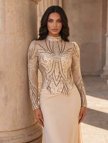 Coutiva Champagne Gold Semi-High Neck Puff Long Sleeve Fully Embellished Rhinestone Beaded Asymmetrical Waist Fitted Mermaid Long Evening Gown - Champagne - View 1