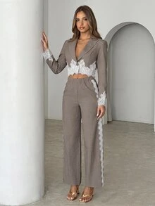 Siren Gaze Women's Short Lace Patchwork Blazer And Pants Set - Khaki - View 5