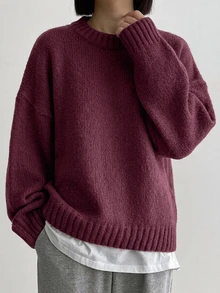 DAZY Solid Color Pullover Sweater, Minimalist Casual Daily Wear, Campus Commute Style - Red Violet - View 1