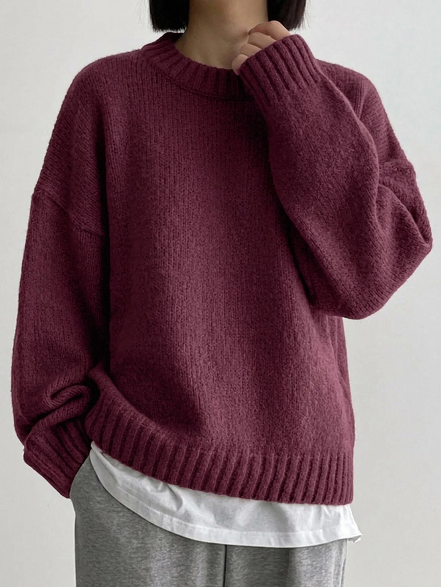 DAZY Solid Color Pullover Sweater, Minimalist Casual Daily Wear, Campus Commute Style - Red Violet - View 1