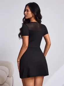 Slayform Women's Solid Color Contrast Mesh Short Sleeve Sports Dress With Shorts - Black - View 2