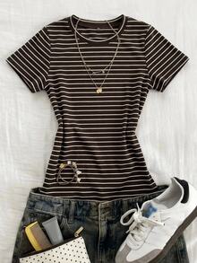 Dazy Kids Casual Striped Slim Fit Short Sleeve T-Shirt Top For Tween Girls - Khaki - View 2