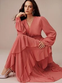 BELROSIE Lightweight Vacation Style Chiffon V-Neck Ruched Waist Ruffle Hem Long Sleeve Dress For Women - Orange - View 1