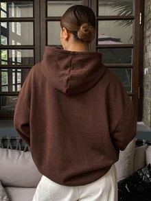 DAZY Unisex Loose Fit Hooded Casual Thermal Lined Solid Color Sweatshirt For Women - Brown - View 2