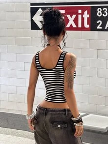 StreetHx Women's Vintage Sexy Y2k 2000s Style Color Block Striped Rhinestone Streetwear Fitted Sleeveless Top Night Out Club Black And White Striped Summer - Black - View 2
