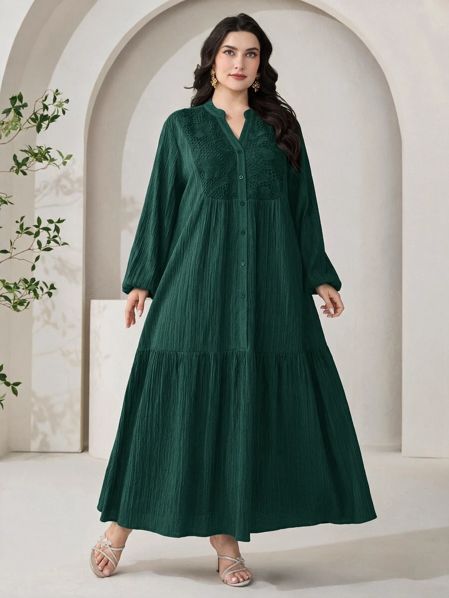 Al Najma Plus Size Women's V-Neck Casual Party Arabian Dress - Dark Green - View 1