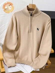 SHEIN 青少年男童休閒舒適百搭純色翻領半拉鍊前開襟針織衫 - 杏色 - 查看 4