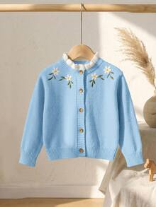 SHEIN 女童針織刺繡拼色立領休閒秋季開襟羊毛衫 - 藍色 - 查看 2