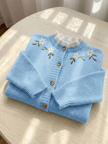 SHEIN 女童針織刺繡拼色立領休閒秋季開襟羊毛衫 - 藍色 - 查看 1