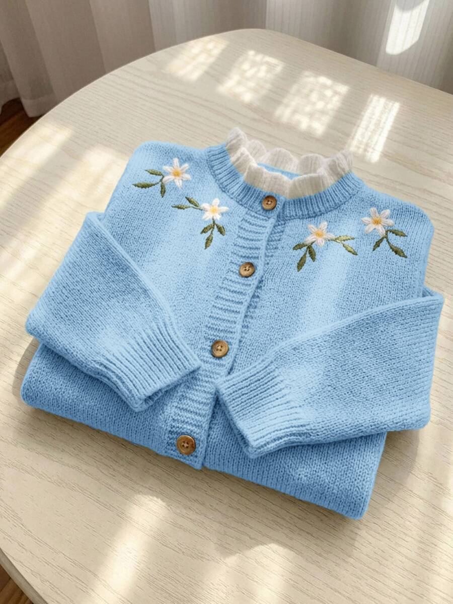 SHEIN 女童針織刺繡拼色立領休閒秋季開襟羊毛衫 - 藍色 - 查看 1
