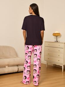 Betty Boop x SHEIN Women's Cartoon Print Short Sleeve Top And Long Pants Casual Daily Home Sleepwear Set - Black and Pink - View 2