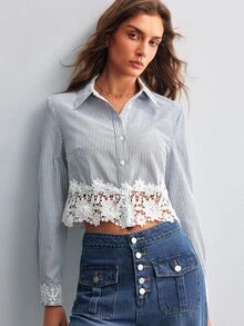 Willow Rêve Women's Blue Striped Embroidered Hem Short Blouse - Blue and White - View 5