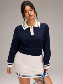 EMERY ROSE Plus Size Korean Style Zipper Half-Placket Contrast Color Knit Top - Navy Blue - View 3