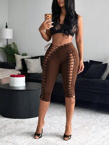SHEIN BamGlam 2026春季女款新款性感露背細肩帶設計七吋座褲，街頭時尚酷女孩風 - 棕色 - 查看 3