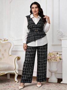 Modelyn Setelan Kasual 2 Potong Wanita Ukuran Besar dengan Atasan Lengan Panjang dan Celana Motif Patchwork 2 in 1 - Hitam dan Putih - View 8