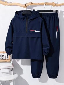 SHEIN 2件組兒童小男孩休閒日常百搭舒適拼接連帽半拉鍊套頭寬鬆長袖夾克與寬鬆收口長褲梭織套裝，適合學校、花園、海灘、生日，春夏穿著 - 彩色 - 查看 1