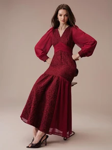 BELROSIE Elegant Mature Style V-Neck Jacquard Patchwork Pearl Chiffon Bodycon Long Dress For Women Wedding Cocktail Dinner Burgundy Fall Christmas - Red - View 1