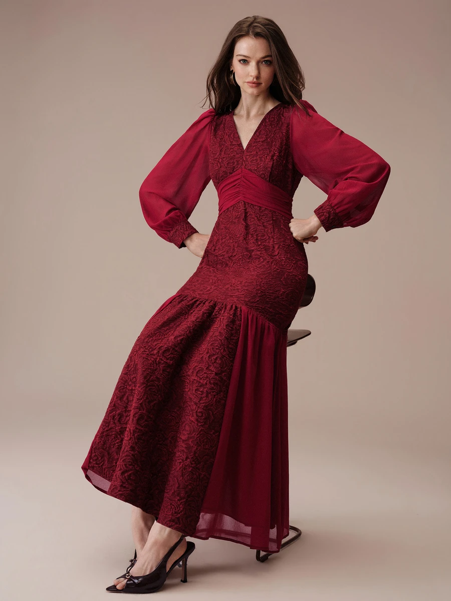 BELROSIE Elegant Mature Style V-Neck Jacquard Patchwork Pearl Chiffon Bodycon Long Dress For Women Wedding Cocktail Dinner Burgundy Fall Christmas - Red - View 1